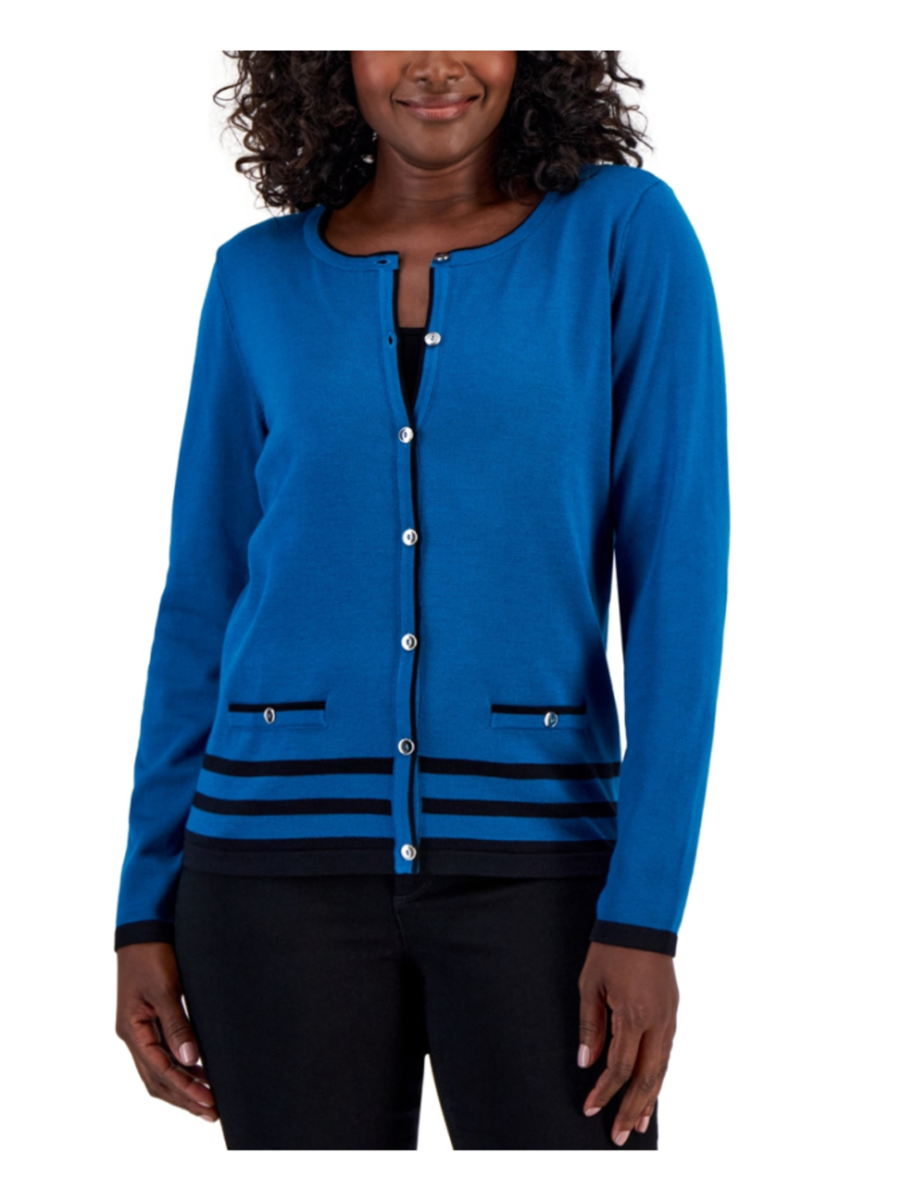 Karen Scott Size Large Blue Teal w/ Black Trim Button Front Cardigan Sweater NWT
